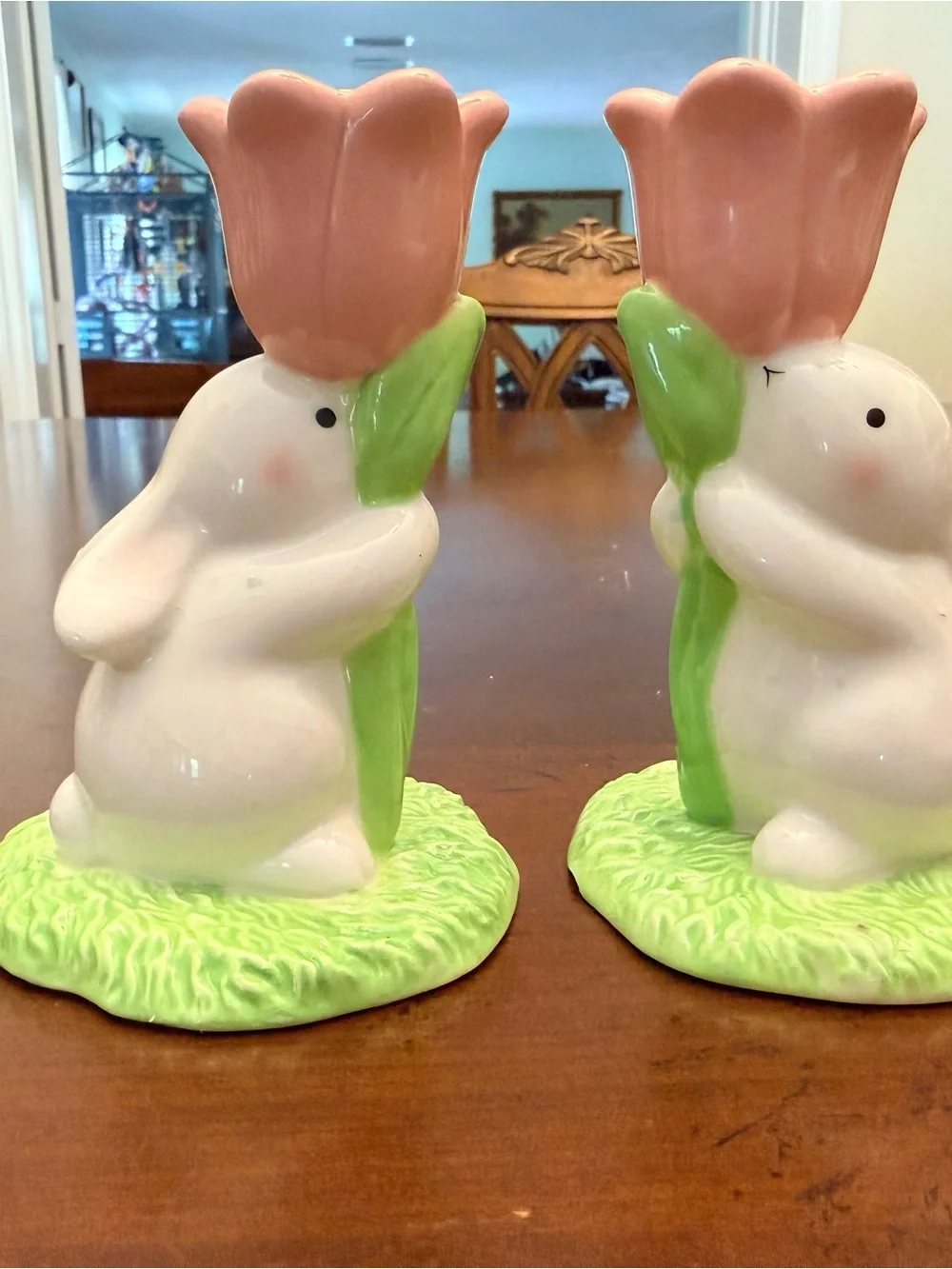 Set of 2 Hallmark Ceramic Bunny Tulip Candle Holders Easter Spring Decor